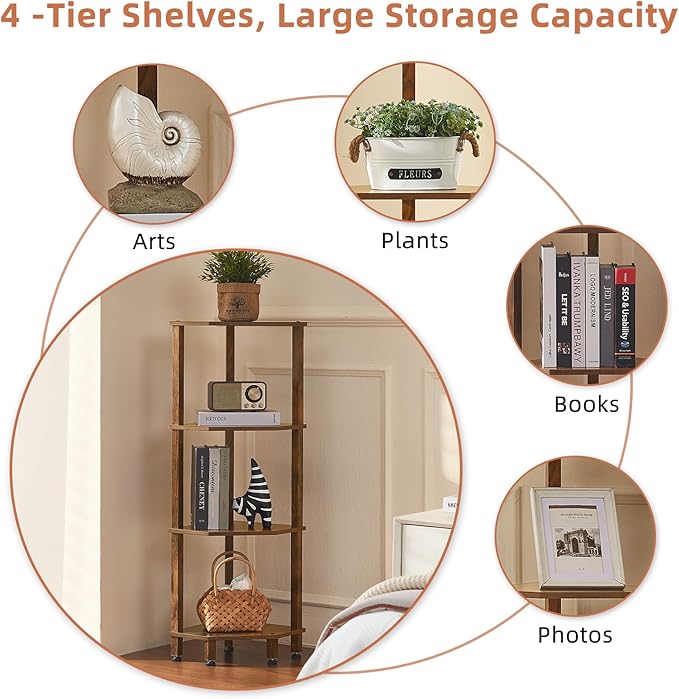 YUFAM 4-Tier Corner Shelf with Sturdy 5-Leg Base, 40in Tall Narrow Bookcase for Small Spaces, Wooden Plant Display Shelf, Thin Bookshelf for Living Room, Bedroom, Office, Brown