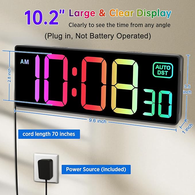 Soobest Digital Wall Clock with Remote Countdown Electrical Timer Seconds for Gym Living Room Office Classroom, 8 RGB Colors, Auto DST, Corded Plug in Large Display 5 Dimmer (10.2" Multicolor)