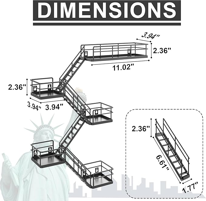 Fire Escape Shelf - 5 Tier Metal Black Fire Escape Wall Shelves with Baskets, New York Action Figurine Display Shelf, Unique Rustic Floating Decorative Wall Shelves for Any Room