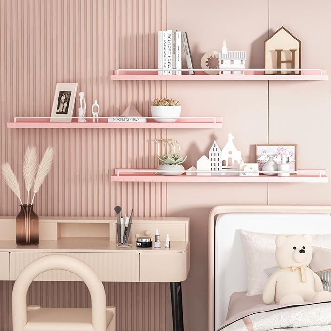 RYOFOBETTO 32 inches Long Floating Shelves, Bathroom Decor Shelves Over Toilet, Farmhouse Wall Shelves for Living Room, Bedroom, Picture Frames, Plants, Kitchen, Set of 3 (Pink and White)