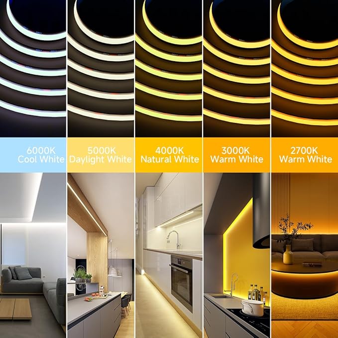 BTF-LIGHTING FCOB COB LED Strip Flexible High Density Uniform Light 9W/m 16.4FT DC24V Daylight White 5000K 480LEDs/m CRI 90+ 8mm IP65 Waterproof Width Dimmable LED Ribbon(No Adapter or Controller)