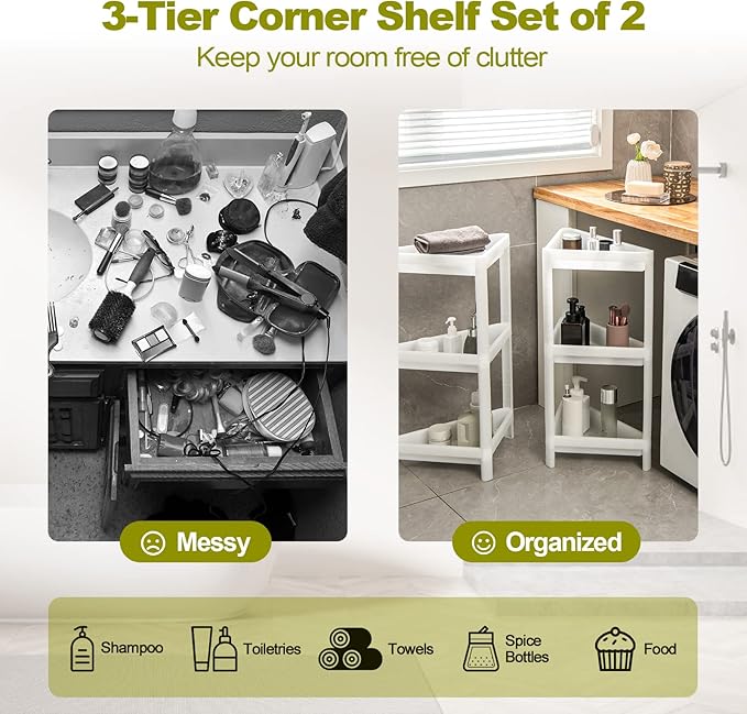 Giantex 2 Pack Corner Shelf Stand, 3-Tier Detachable Floor Shower Shelf, Bathroom Corner Stand w/Drainage Holes, Counter Storage Shelf, Triangle Organizer Rack for Kitchen, Living Room, White
