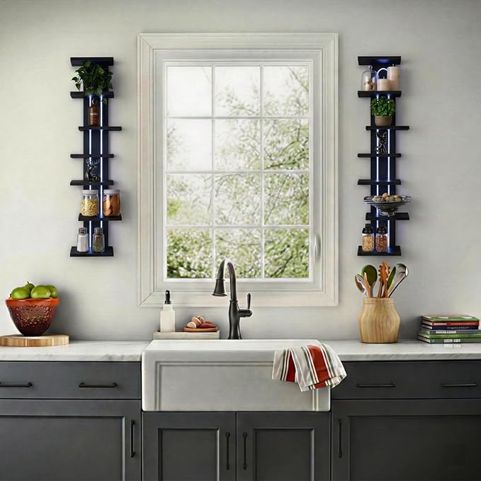 Homaterial 7 Tiers Floating Shelves Wall Mounted, Tall Lack Wall Shelf for Small Spaces， RGB Staggered Vertical Shelves for Storage & Decor for Bathroom, Kitchen, Bedroom,Dressing Room, Black