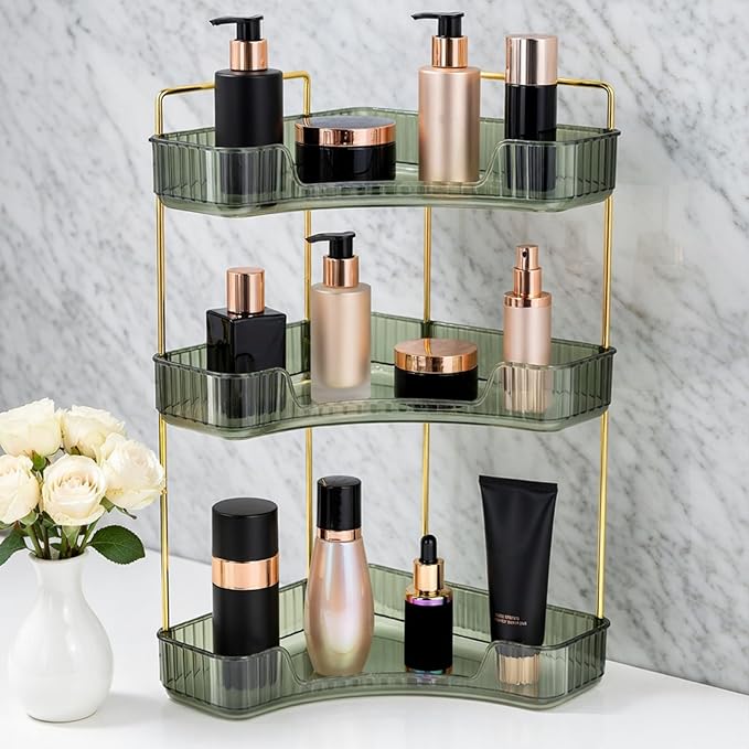 Multi-Tier Corner Countertop Organizer Rack, 3-Tier 90° Space-Saving Bathroom Counter Organizer, Tool-Free Makeup and Skincare Shelf for Vanity, Dresser, Kitchen and Toiletries (Green-3tier)