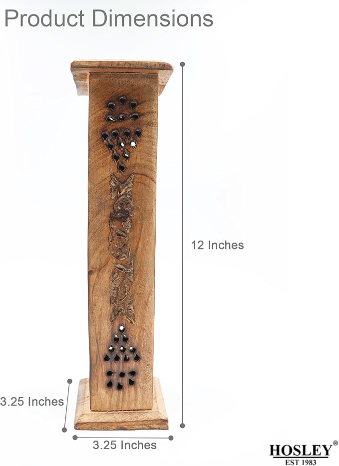 Hosley Hand-Carved Wooden Incense Stick Holder Tower – Tall Decorative Burner Box with Hinged Door for Aromatherapy, Meditation, Yoga, Home & Office Décor (Includes 20 Incense Sticks)