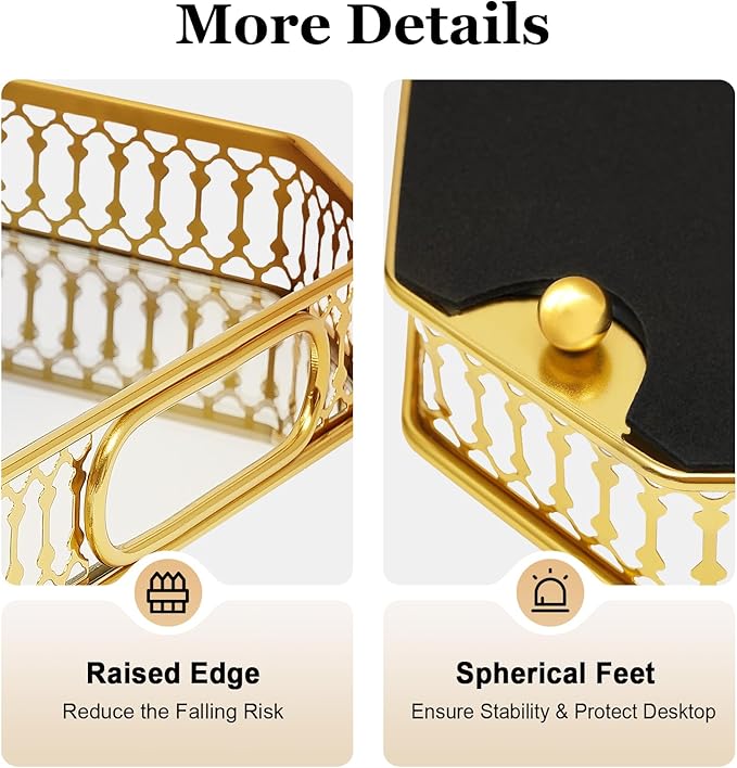 Perfume Tray, Vintage Glass Octagon Mirror Surface Tray Decorative Perfume and Makeup Organizer Gold Rectangular Mirrored Vanity Mirror Trays for Bathrooms Dining Tables Dressers