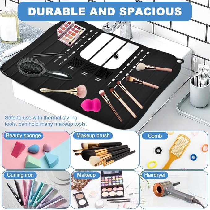 Bathroom Sink Cover for Counter Space, Foldable Silicone Makeup Organizer Mat for Over Countertop, with Hanging Loop Heat-Resistant Sink Cover for Makeup(Color:Black)