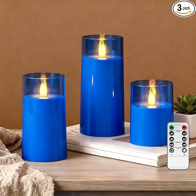 Raycare Flameless Electronic Pillar Candles with Remote Control and Timer- Battery Operated Realistic Flickering LED Fake Candle for Home, Wedding, Valentine's Day Decor,Blue,Set of 3(3"x4"5" 6")