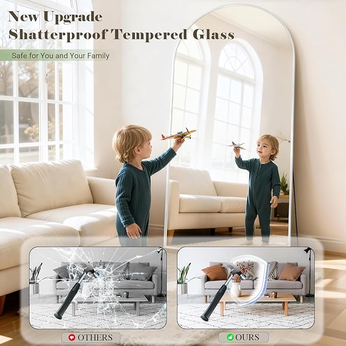Full Length Mirror - 57" x 20" Arched Floor Mirror/Wall Mounted Aluminum Alloy Frame Full Body Mirrors for Bathroom Living Room Bedroom and Entryway, White