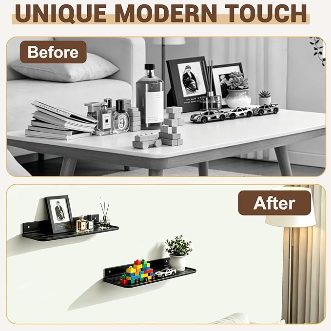 2pc Wall Mounted Floating Shelf, Self Adhesive Small Shelf, No Drill Shelves for Wall, Floating Shelves Damage-Free Expand Walls Space for Living Room Kitchen Bathroom (2, Black)