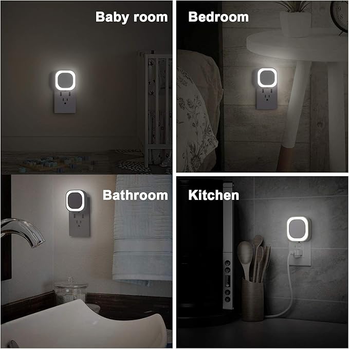 YUNLEX 2 Pack Daylight White Night Light, Gentle Eye-Care with Dimmable Wide-Glow & Indirect Reflection, Auto Dusk to Dawn Sensor, Plug in for Kitchen Counter, Garage Workshop, Laundry, Hallway