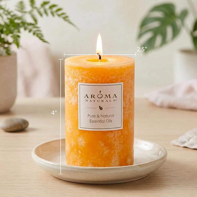 Aroma Naturals Lavender & Tangerine Essential Oil Scented Pillar Candle, Relaxing, 2.5 inch x 4 inch