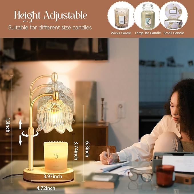 Adjustable Flower Candle Warmer Lamp with Timer, Lotus Tulip Glass Warmer Light for Jar Candles, Electric Wax Warming Melter, Gifts for Women Mom, Vintage Bedroom Decor (Transparent)