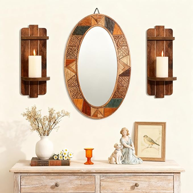 Rustic Candle Holder Set of 2 – Vintage Brown Wooden Wall Sconces for Fireplace, Bedroom & Living Room – Farmhouse Wall Decor with Candle Shelf for Home, Aisle, Hallway