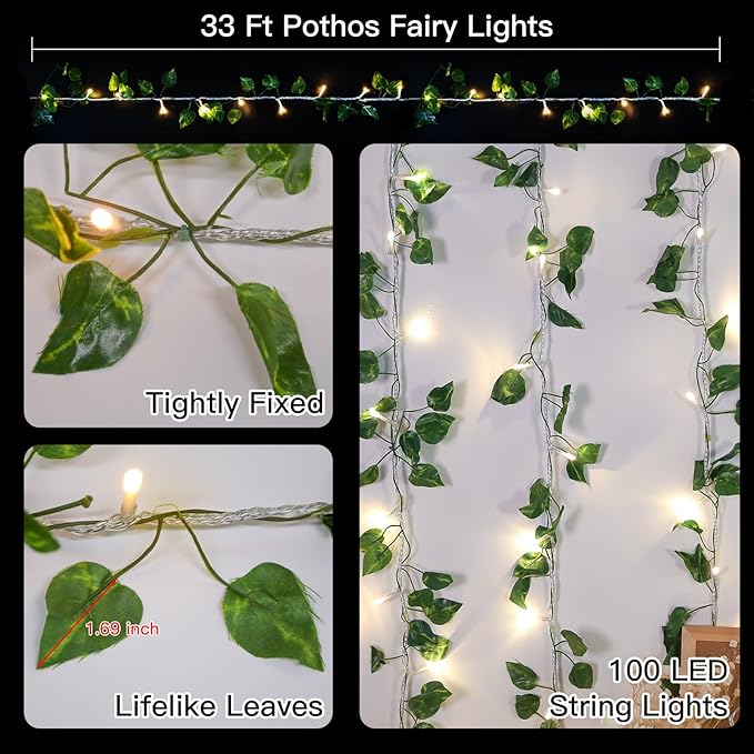 suddus Vine with Fairy Light Plug in, 33ft 100 LED Pothos String Lights Connectable with Remote, Leaf Lights for Bedroom, Room, Wall, Garden, Party, Wedding Dorm Decor (Warm White)