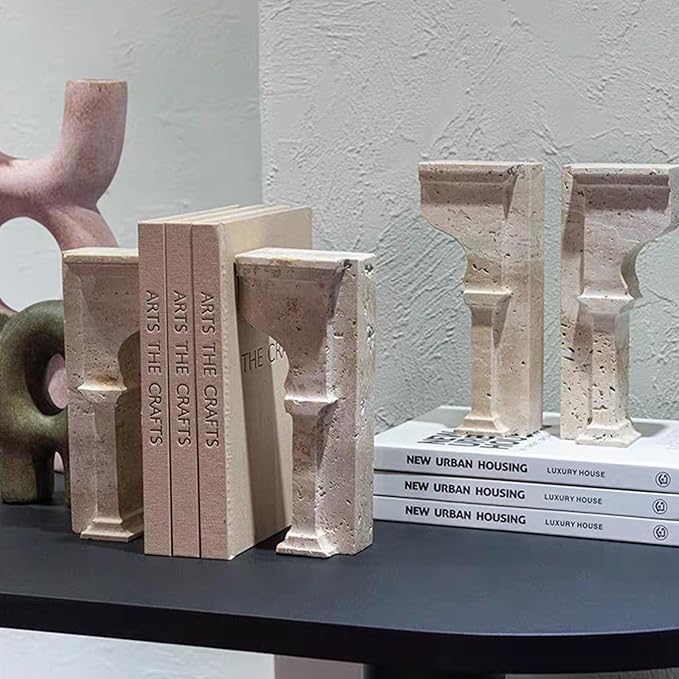 Set of 2 Piece Modern Travertine Bookend, Arc de Triomphe Design, Natural Stone Book Holders for Desk and Shelf (2 pcs 1 Set -Arc de Triomphe)