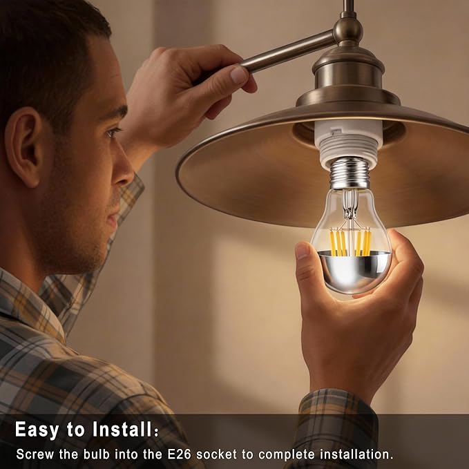 Half Chrome Light Bulb 6W (60 Watt Equivalent), Dimmable A19 A Shape 2700K Warm White Decorative LED Edison Bulb, Silver Tipped Light Bulbs E26 Base Pack of 4