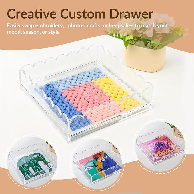 Acrylic Trays for Needlepoint 5" x 5", Scalloped Acrylic Tray with Drawer for Insert Needlepoint, Photos, Art, Fabric, Napkin, Messages Display Basket, Decorative Tray Gift for Home Office