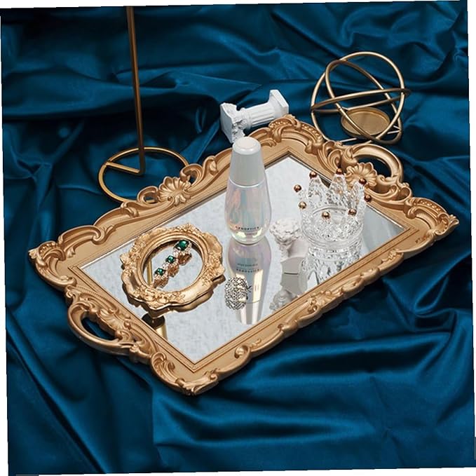 SAFIGLE Vintage European Mirror Tray Golden Storage Plate Cosmetic Makeup Organizer Elegant Household Vanity Display for Perfume Jewelry and Dessert