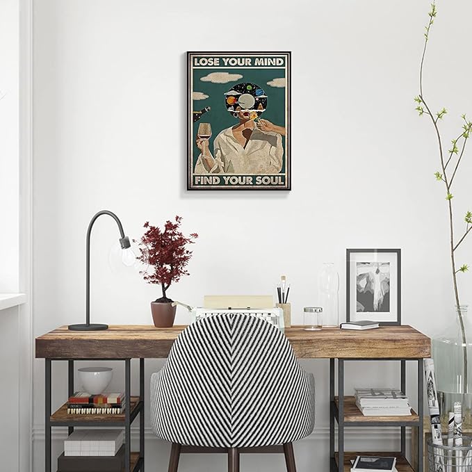 Framed Art Vintage Lose Your Mind Find Your Soul Poster Mental Health Quote Canvas Wall Art Posters Cool Unique Music Girl Print Painting Abstract Wall Decor for Bed Room Bathroom 24x36in