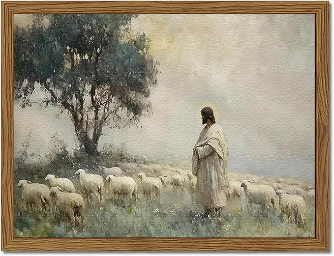 Jesus Leaves the 99 Sheep Wall Art, Frame 3D Textured Hand Drawn Sandstone Christian Wall Decor Paintings, Lost Lamb Religious Artwork for Living Prayer Room Bedroom 24x36 inch Framed