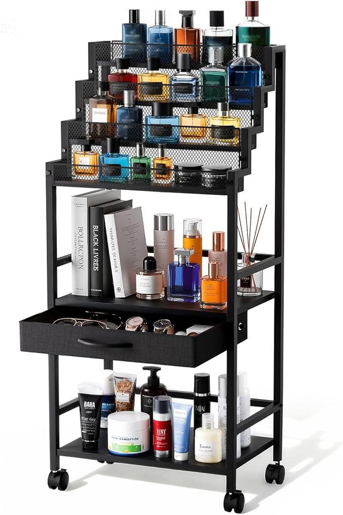 4-Tier Men's Cologne & Accessory Organizer with Drawer & Wheels, Sleek Industrial Wooden & Metal Perfume Display Rack for Cologne Bottles, Aftershave & Grooming Essentials, Multi-Functional Fragrance Storage Stand, Black