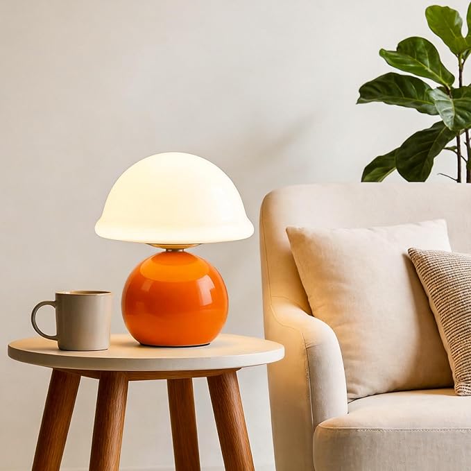 Mushroom Table Lamp for Bedroom, Cozy Bedside Lamp with Glass Shade, Stepless Dimmable Nightstand Lamp for Relaxing Bedroom Decor & Aesthetic Home (Orange)