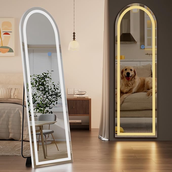 Koonmi LED Arched Full Length Mirror, 63"x20" Full Length Mirror with Lights, Lighted Floor Mirrors with Stand, Full Body Mirrors with Dimming & 3 Color Lightingfor Living Room Cloakroom, White