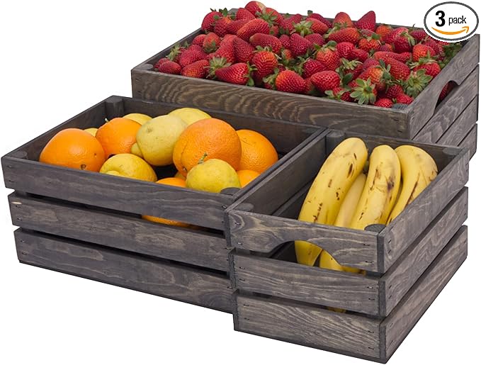 Rustic Wood Crates for vintage decorative display, Nesting Crate set for storage and farmhouse style decor, wooden boxes made from 100% Wood (Weathered Grey, Nested Set of 3)