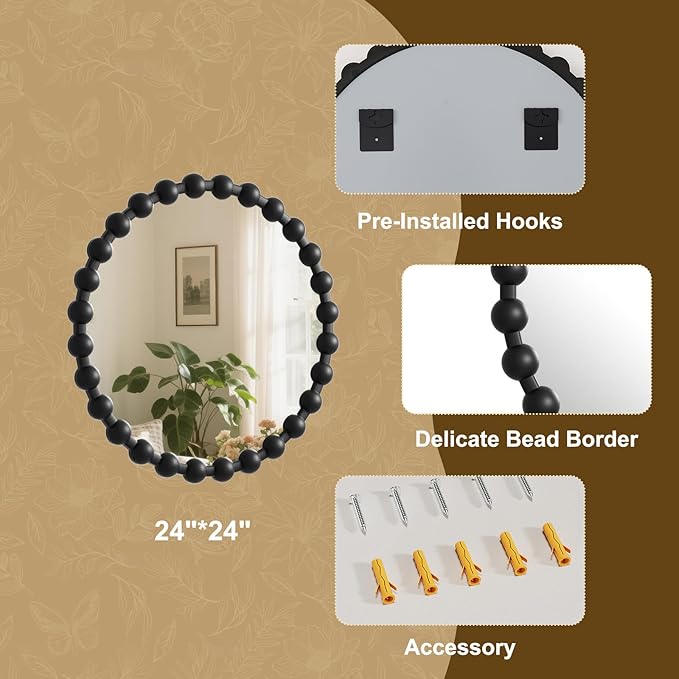 Easly Round Mirror for Wall, 24 Inch Black Beaded Frame Decorative Vanity Mirror, Circle Bathroom Mirror with High-Definition Lense, Modern Wall Decor for Bathroom, Living Room, Bedroom, Entryway