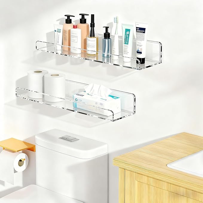 4-Pack Clear Acrylic Floating Shelves, Space-Saving Invisible Wall Shelves for Bathroom Kitchen Office Living Room, Modern Decor Set