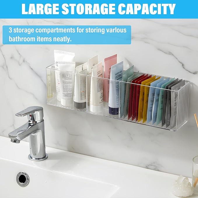 3 Pack Bathroom Makeup Organizer Wall Mount Clear Bathroom Organizers and Storage with 3 Compartments Plastic Storage Organizer Bins Floating Shelves for Wall, Narrow Space, Office, Bedroom 13.78''Len