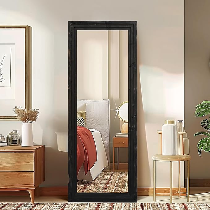 Full Length Mirror 58"x22" Solid Wood Frame Floor Large Mirror for Living Room, Bedroom Hanging or Leaning Wall-Mounted, Black