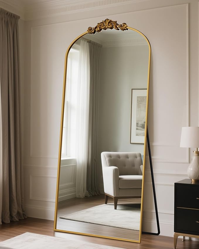 Antok Arched Full Length Mirror, 78"x38" Floor Mirror with Carved, Full Body Mirrors for HomeDecor, Standing/Halling Large Wall Mirror for Bedroom, Living Room, Cloakroom, Gold, Retro Style
