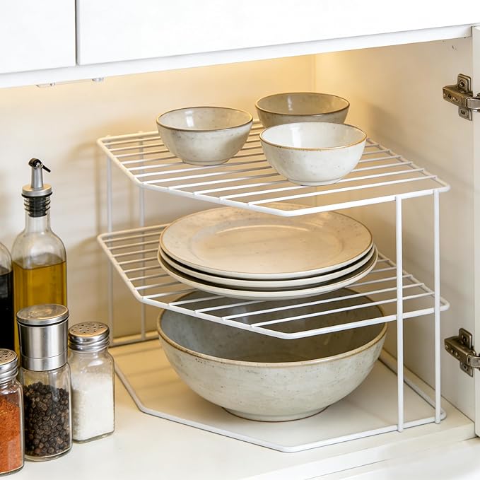 3-Tier Kitchen Corner Shelf Rack – 10x10x7 Inch Metal Wire Counter & Cabinet Organizer, Pantry Kitchen Counter Storage Shelf and Organizer for Plates, Cups, Dishes (White)