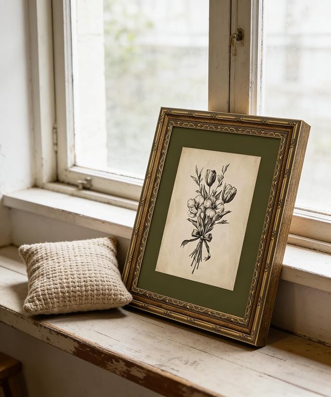 Gold Framed Wall Art Vintage Flower Sketch Wall Art Antique Sage Green Botanical Wall Decor Picture Dark Green Floral Drawing Poster Print for Bedroom Living Room 9x11in