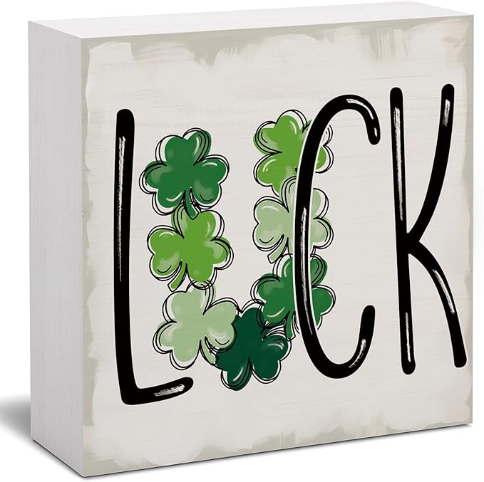 St. Patrick's Day Decorations, Irish Luck Shamrock Wooden Box Sign Desk Decor, Lucky Sign for St Patrick's Day Home Party Decor 5x5