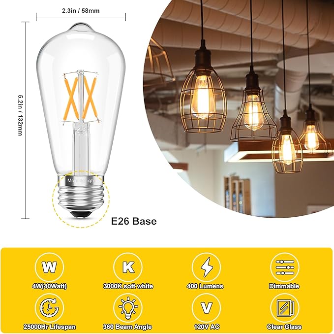 MorningLight 6 Pack Vintage LED Edison Bulbs, Dimmable E26 LED Edison Light Bulbs 40Watt 3000K Soft White, 4W ST58 Antique Decorative LED Bulbs for Farmhouse Pendant/Porch Lights, 400LM