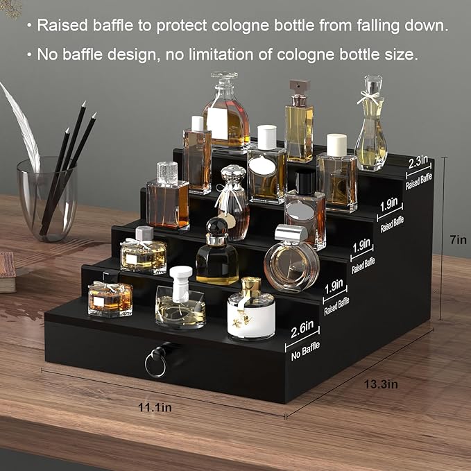 upcessory Cologne Organizer for Men, 5 Tier Black Cologne Shelf, Perfume Stand with Drawer and Hidden Compartment Perfume Display Holder - A Gift for Men