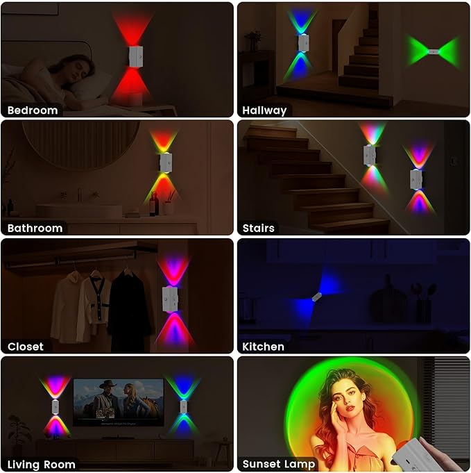 easuntec Motion Sensor Rechargeable Night Light Color Changing, 8 Colors Sunset Projector Lamp, Magnetic Stick-on Wireless Sunset Lamp for Room Decor,USB-C Dimming & No Drill Installation（RGB,2 Pack）