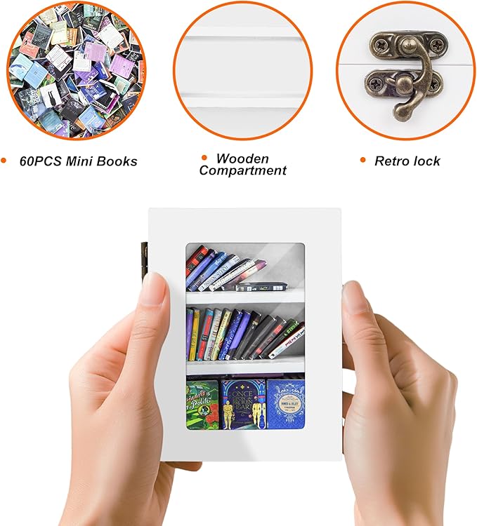 Anxiety Mini Bookshelf Mini Books with 60PCS Wooden Miniature Book Library for Stress Relief, Home and Office Decor, Unique Gift for Book Lovers - White