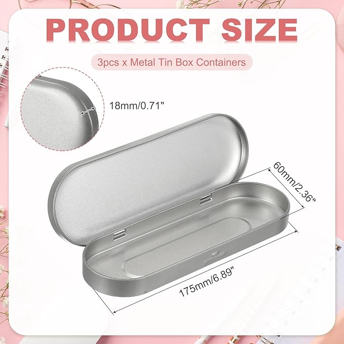uxcell 3pcs Metal Hinged Tins Box, 6.9x2.4x0.7 Inch Rectangular Empty Tin Box Portable Pencil Containers for Pen Makeup Brushes Home Organizers, Silver