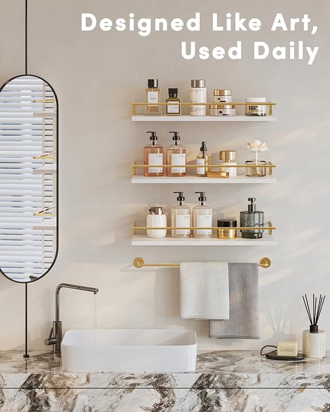 Onlysky Bathoom Shelves, Floaiting Shelves for Bathroom, Set of 3, Bathroom Shelf Wall Mounted (White Gold, 15.7 Inches, 3)