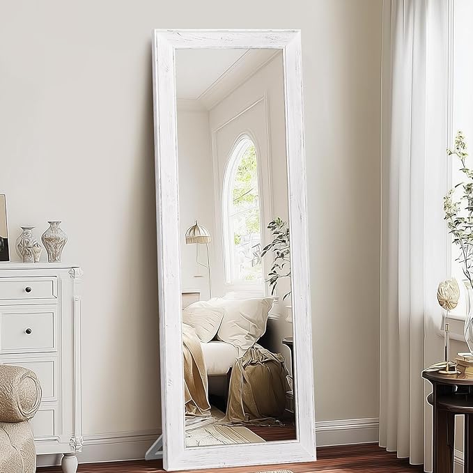 Full Length Mirror 65"x22" - Beveled Edge Rustic White Dressing Mirror, Solid Wood Frame, Wall Mounted or Standing for Bedroom, Entryway, Living Room