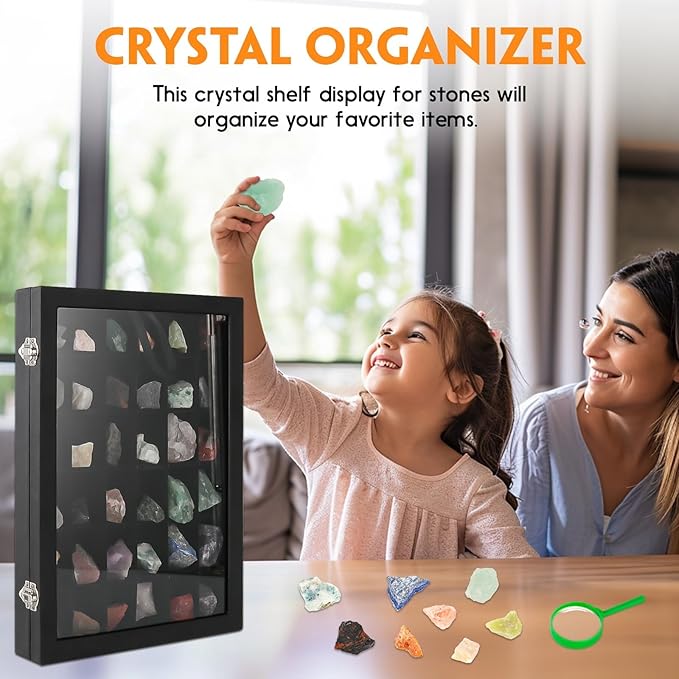 Rock Collections Box for Kids - PU Leather Rock Display Case with 36 Grid - Storage & Display Shelf for Collectibles