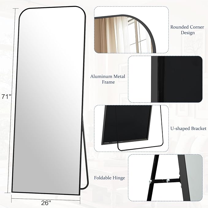 Full Length Mirror 71"x26" Arched Floor Standing Large Mirrors Full Body Mirror with Stand - with Aluminum Frame for Bedroom Living Room, Black