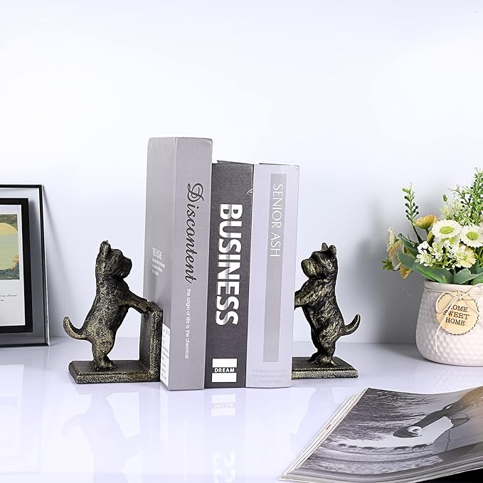 2 Pack Dog Decorative Bookends for Shelf - Cast Iron Book Ends Cute Dog Bookend Support for Home Decor, Heavy Duty Book Stands Vintage Antique Shelf Decor for Reading Enthusiasts or Dog Lovers