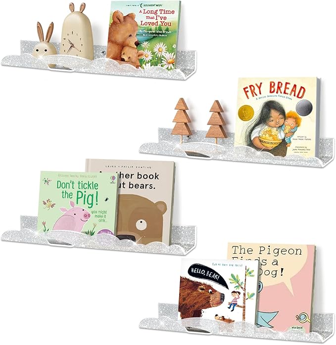 Rainbow Glitter Acrylic Floating Shelves, 15.7" Wall Mounted Nursery Bookshelves, Display Ledge for Books Toys Cosmetic Storage, Bathroom Bedroom Living Room Wall Organizer, 4 Pack, Silver