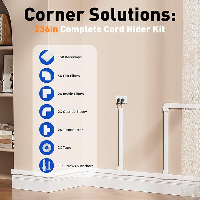 Delamu Cord Hider, 236in Cable Hider, Cord Covers for 2-3 Wires on Wall, Wire Covers for Cords, Wire Hiders for TV on Wall, Easier Setup Cable Cover Cable Management, W0.94 H0.47in,White