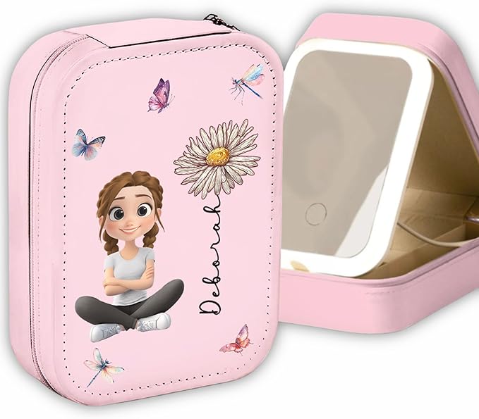 Wrappiness Women & Girls Floral Makeup Box With LED Mirror - Personalized Birthmonth Flower Travel Jewelry Organizer Gift for Daughters Sisters on Birthday Christmas (Blossomed Soul, Teen Girls)